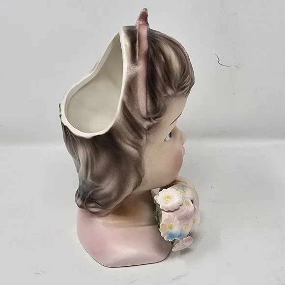 Vtg Enesco delsey girl head vase brown hair flowers 1960s ceramic - Picture 4 of 8